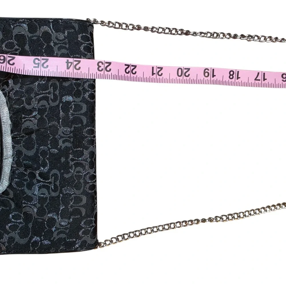 Vtg Coach Women Small Crossbody Clutch Black Silver Metallic Signature Jacquard